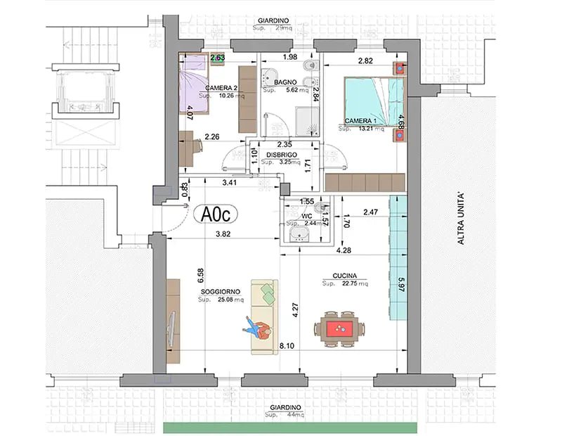 Planimetria appartamento A0c: soggiorno, cucina, due camere, bagno e giardino