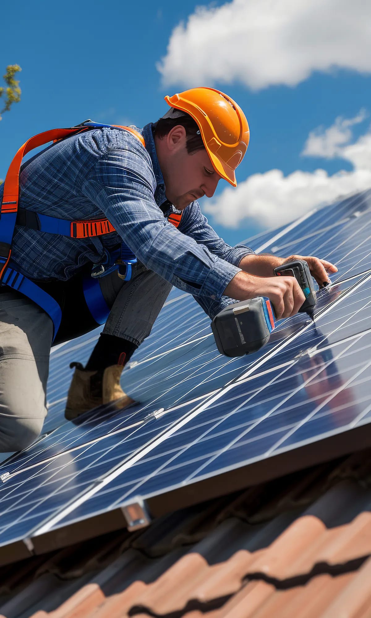 Tecnico con casco e imbracatura installa pannelli fotovoltaici su un tetto