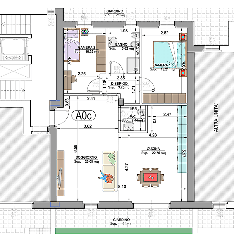 Planimetria appartamento A0c (versione aggiornata): soggiorno, cucina, due camere e giardino