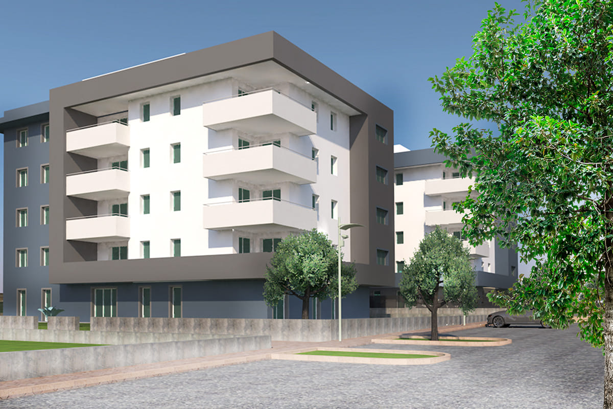 Render della Residenza Al Vigneto a Borgo Sacco, Rovereto: palazzine bianche con balconi e alberi