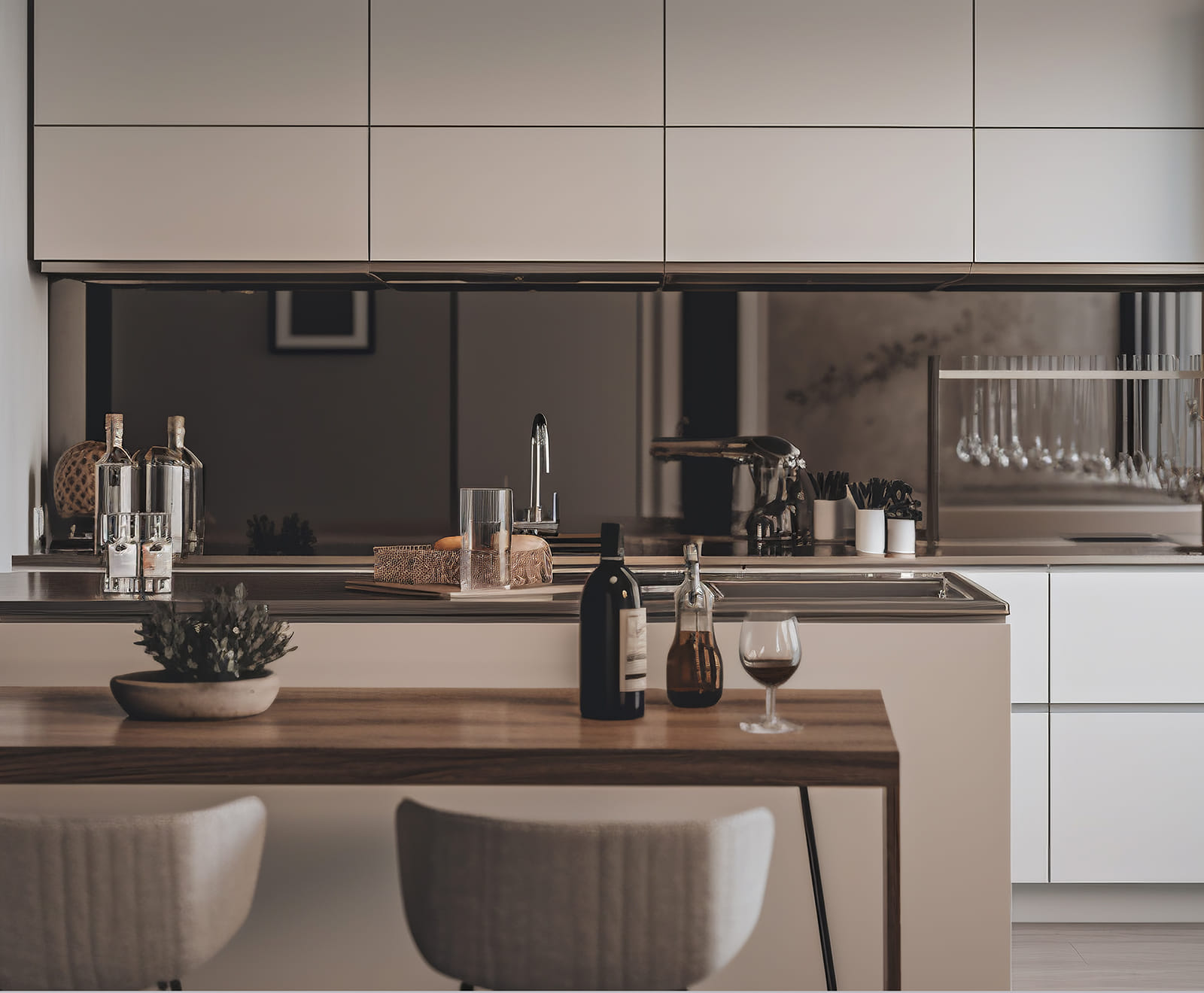 Cucina moderna con isola, ante chiare, piano in legno e sgabelli