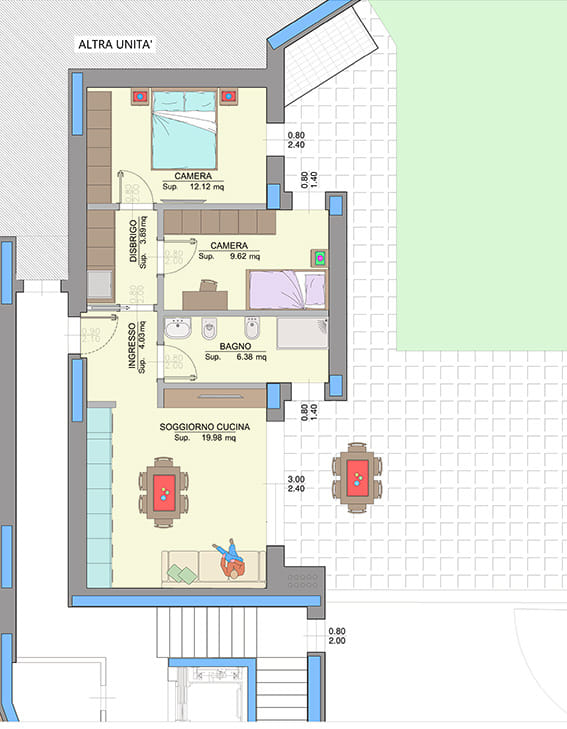Planimetria appartamento A0D – Easy Life Rovereto, Casa A: soggiorno cucina e due camere (scala 1:50)
