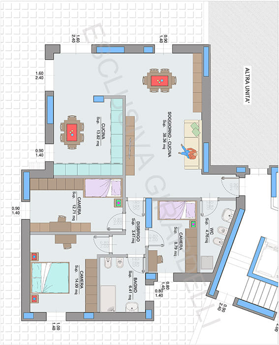 Planimetria appartamento A0a – Easy Life Rovereto, Casa A: soggiorno, cucina e tre camere (scala 1:50)
