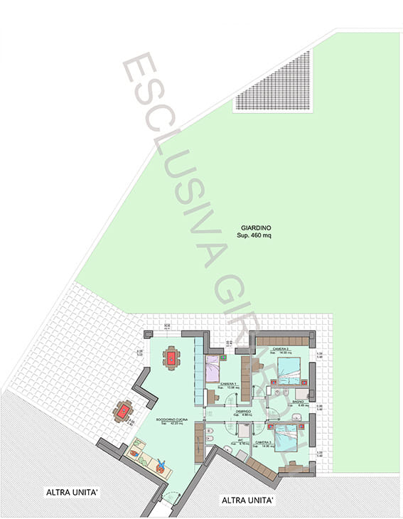 Planimetria appartamento A0c – Easy Life Rovereto, Casa A, con giardino di 460 mq (scala 1:100)