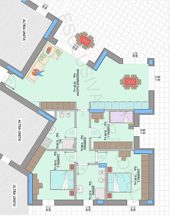 Planimetria appartamento A0c – Easy Life Rovereto, Casa A: soggiorno cucina e tre camere (scala 1:50)