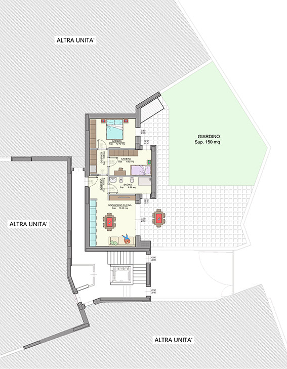 Planimetria appartamento A0d – Easy Life Rovereto, Casa A, con giardino di 150 mq (scala 1:100)