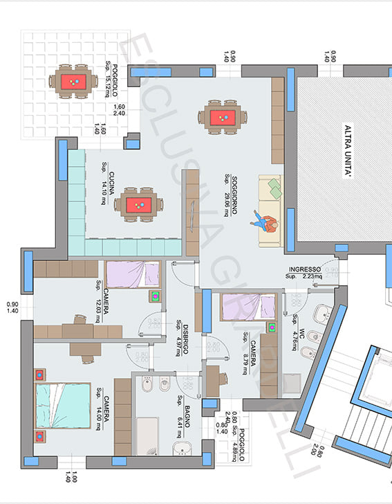 Planimetria appartamento A1a – Easy Life Rovereto, Casa A: soggiorno, cucina, tre camere e poggiolo (scala 1:50)