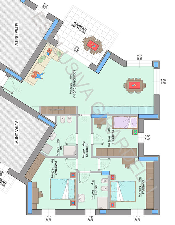Planimetria appartamento A1c – Easy Life Rovereto, Casa A: soggiorno cucina, tre camere e poggiolo (scala 1:50)