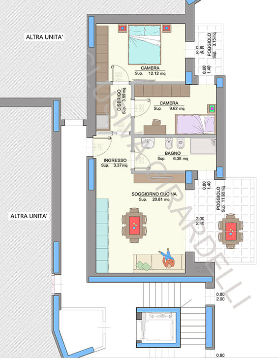 Planimetria appartamento A1d – Easy Life Rovereto, Casa A: soggiorno cucina, due camere e poggioli (scala 1:50)