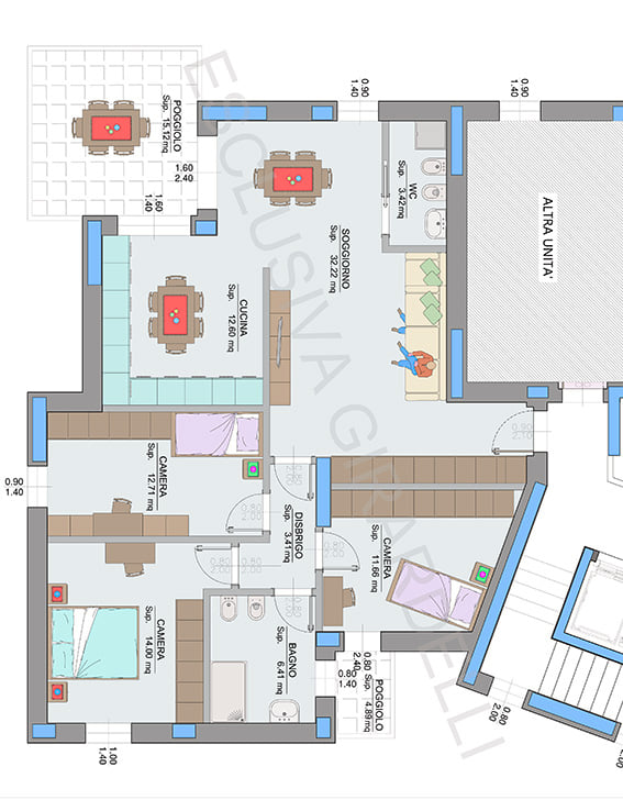 Planimetria appartamento A2a – Easy Life Rovereto, Casa A: soggiorno, cucina, tre camere e poggioli (scala 1:50)