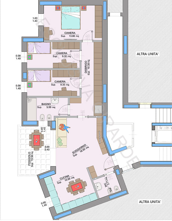Planimetria appartamento A2b – Easy Life Rovereto, Casa A: soggiorno, cucina, tre camere e poggiolo (scala 1:50)