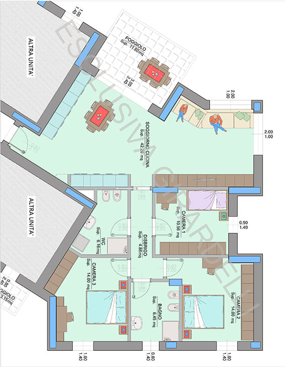 Planimetria appartamento A2c – Easy Life Rovereto, Casa A: soggiorno cucina, tre camere e poggiolo (scala 1:50)