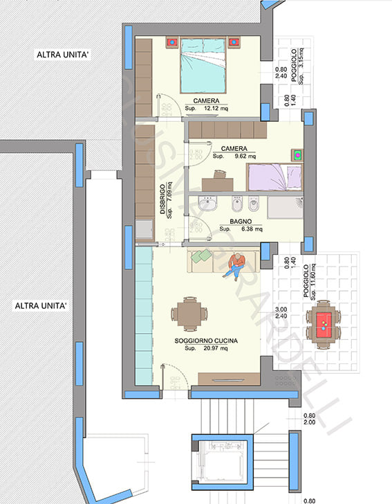 Planimetria appartamento A2d – Easy Life Rovereto, Casa A: soggiorno cucina, due camere e poggiolo (scala 1:50)