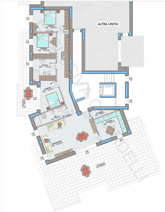 Planimetria attico A5A – Easy Life Rovereto, Casa A: soggiorno, cucina, tre camere e ampi poggioli (scala 1:50)