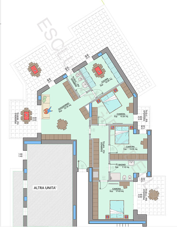 Planimetria attico A5b – Easy Life Rovereto, Casa A: soggiorno, cucina, tre camere e poggioli (scala 1:50)