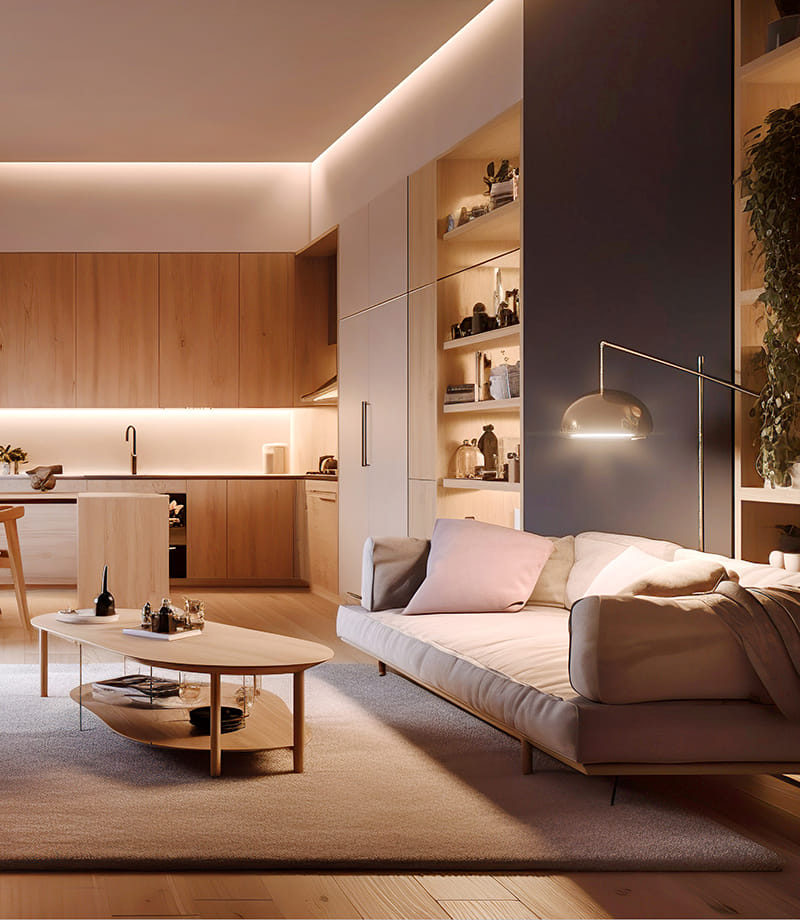 Soggiorno moderno con divano, libreria e cucina a vista in legno con illuminazione LED