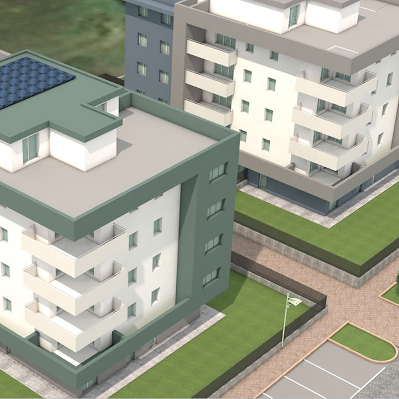 Render dall'alto della Residenza Al Vigneto a Borgo Sacco, Rovereto: palazzine con pannelli solari e giardini