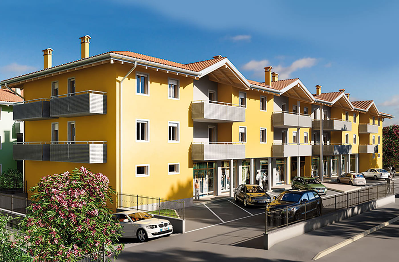Render della Residenza Francesca a Rovereto: edificio giallo con balconi, negozi e parcheggio
