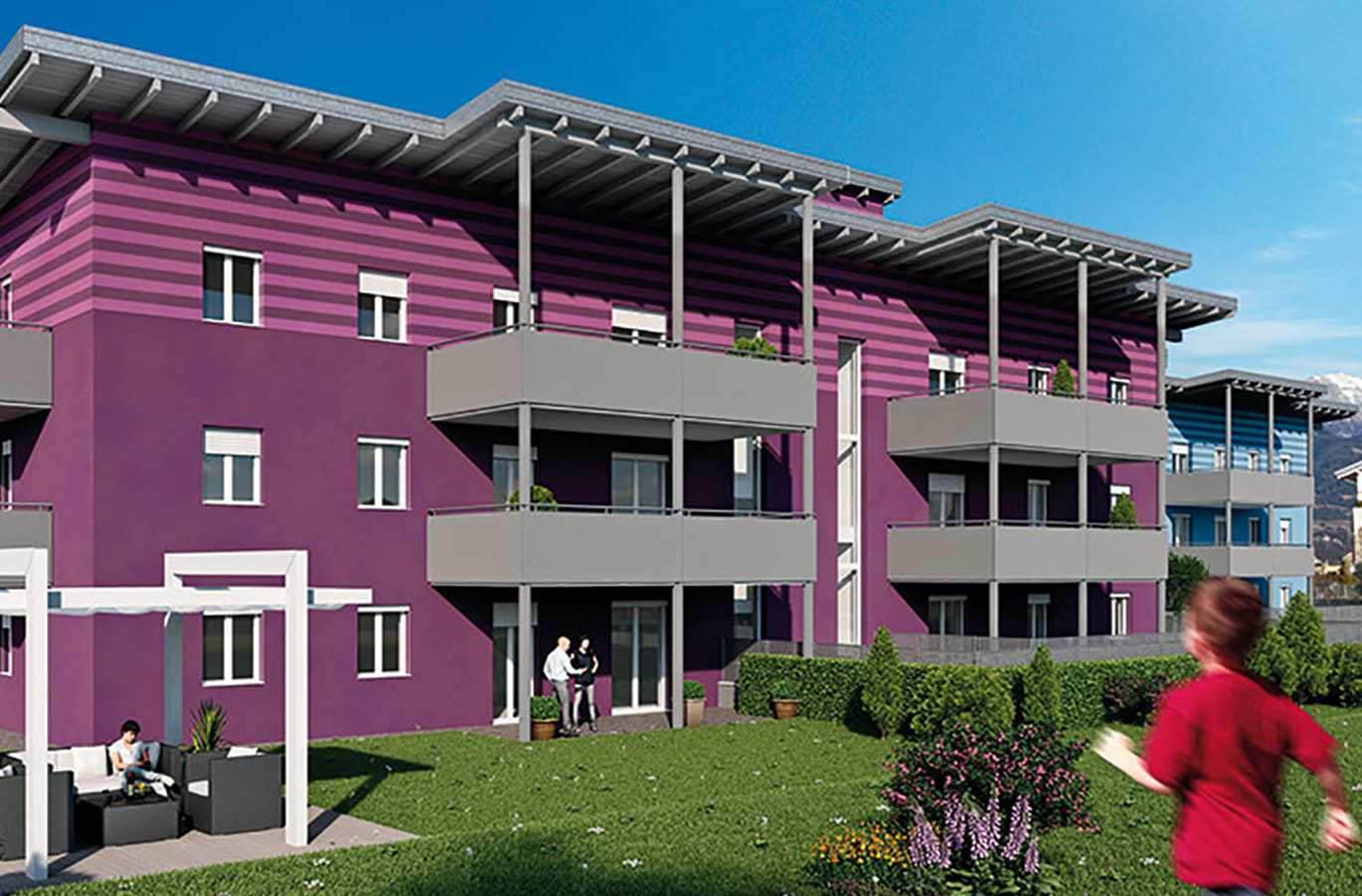 Render della Residenza Anna: palazzina viola con balconi grigi, giardino e persone all'esterno