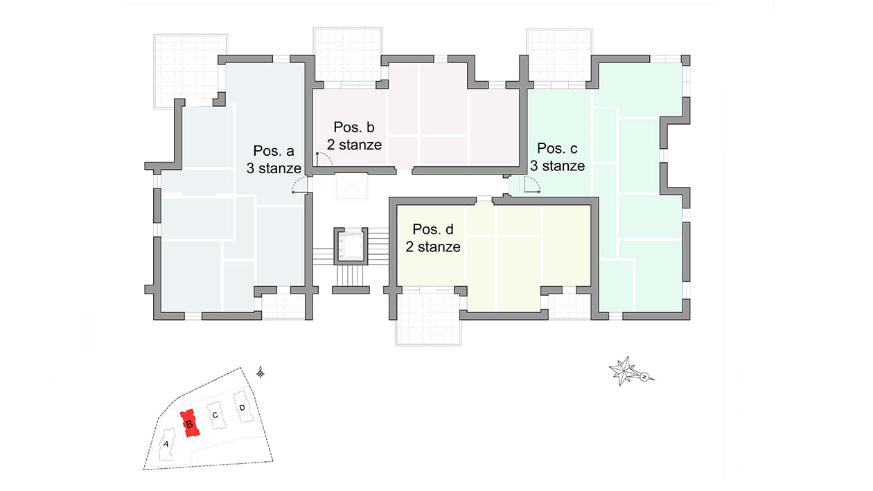 Schema di distribuzione degli appartamenti a, b, c, d della Casa B – Easy Life Rovereto, con planimetria del lotto