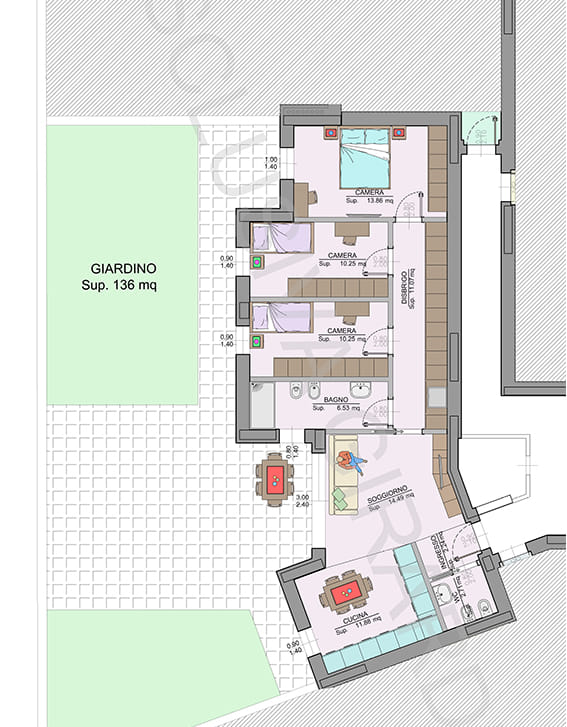 Planimetria appartamento A0b con giardino – Easy Life Rovereto, Casa A (scala 1:100)