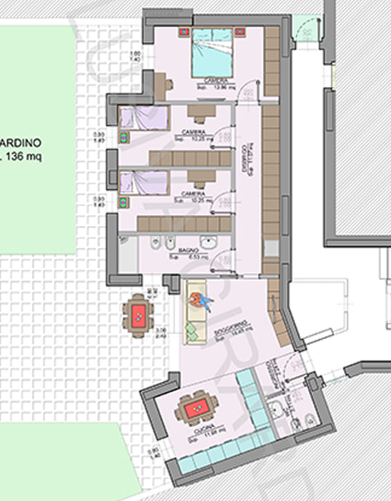 Planimetria appartamento A0b con giardino – Easy Life Rovereto, Casa A (scala 1:50)