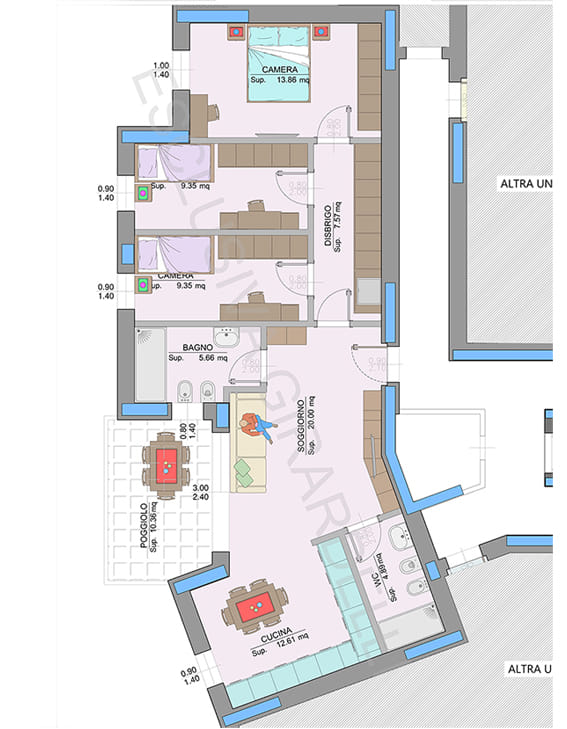 Planimetria appartamento A1b con poggiolo – Easy Life Rovereto, Casa A (scala 1:50)