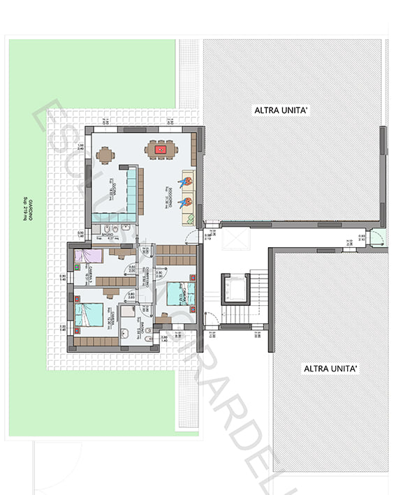 Planimetria appartamento B0a con giardino – Easy Life Rovereto, Casa B (scala 1:100)