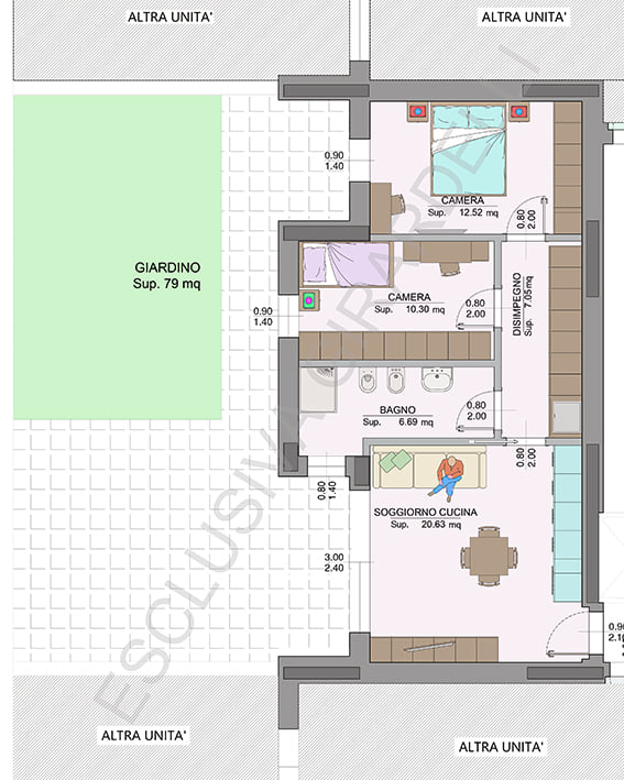 Planimetria appartamento B0b con giardino – Easy Life Rovereto, Casa B (scala 1:50)