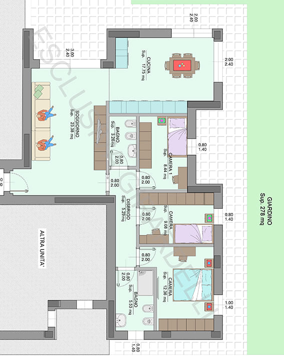 Planimetria appartamento B0c con giardino – Easy Life Rovereto, Casa B (scala 1:50)