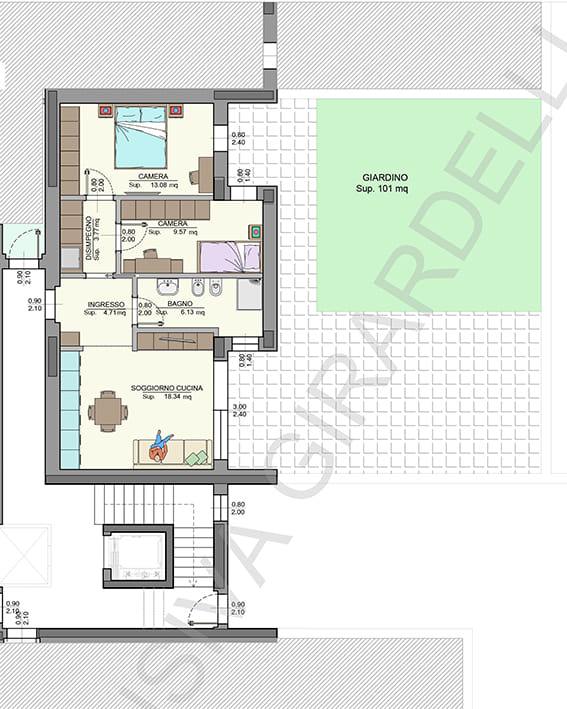 Planimetria appartamento B0d con giardino – Easy Life Rovereto, Casa B (scala 1:100)