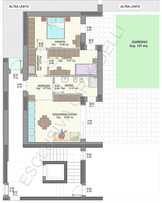 Planimetria appartamento B0d con giardino – Easy Life Rovereto, Casa B (scala 1:50)