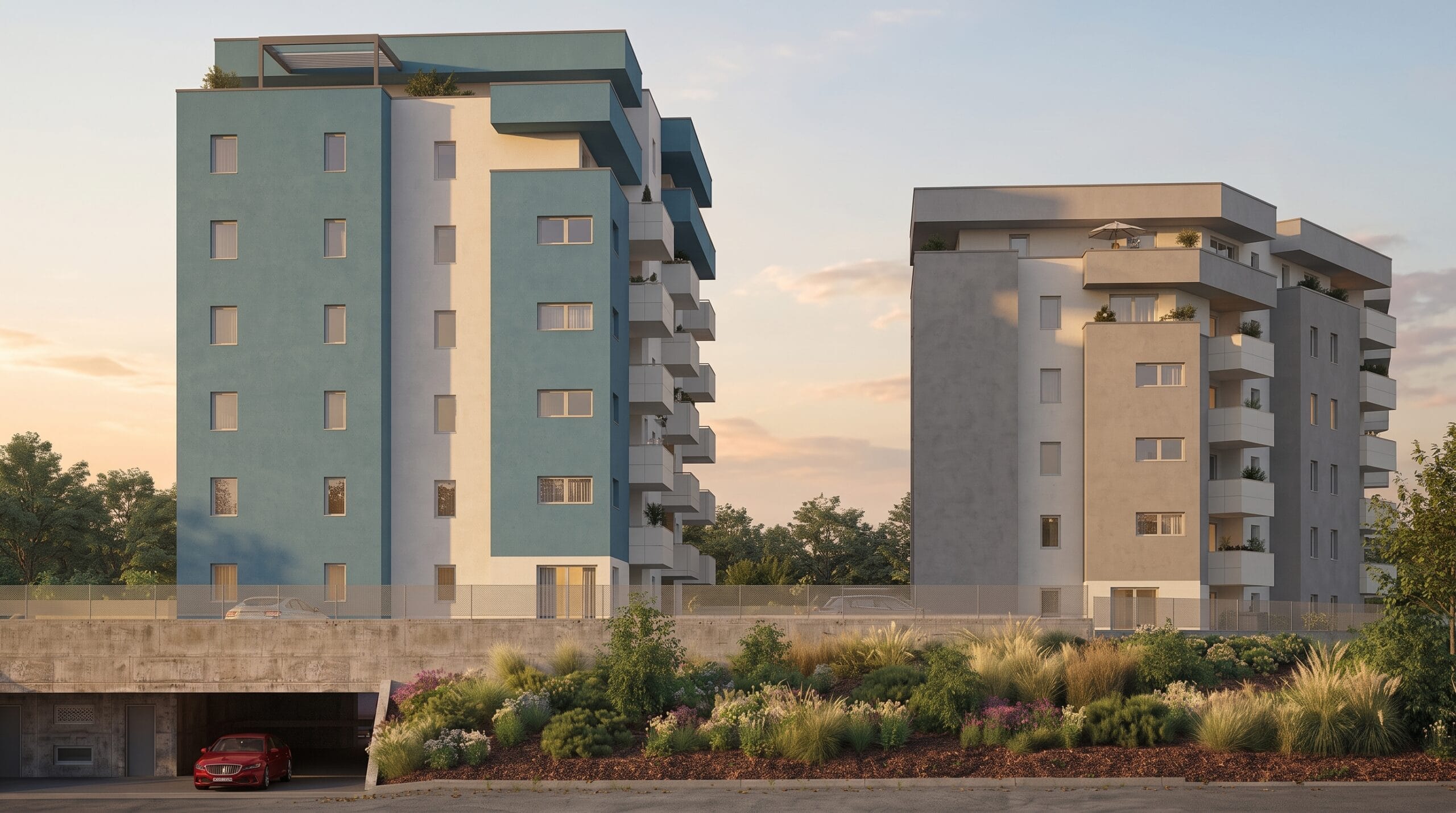 Render di Easy Life Rovereto: edifici azzurro e grigio con aiuole fiorite e ingresso ai garage