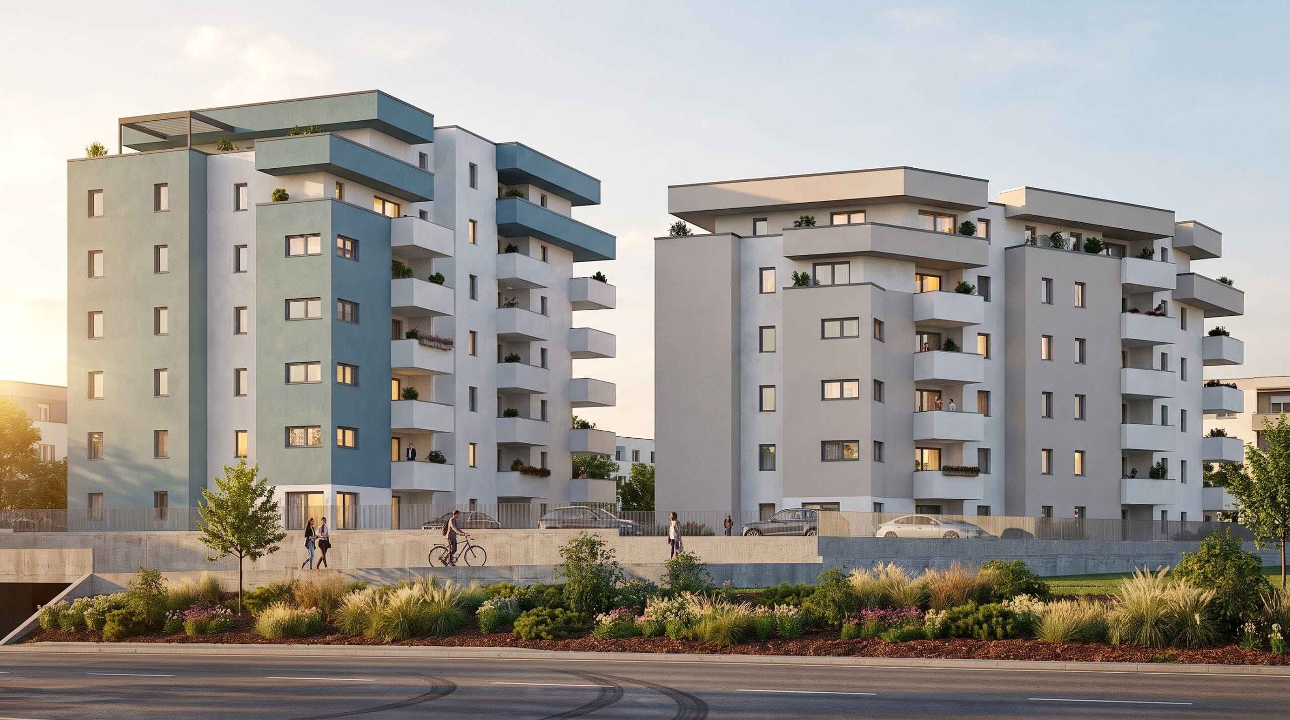 Render frontale di Easy Life Rovereto: due edifici con balconi, alberi e aiuole lungo la strada