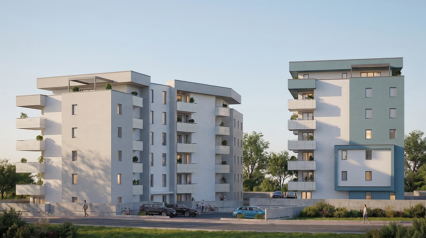 Render posteriore di Easy Life Rovereto: edificio bianco con balconi ed edificio azzurro