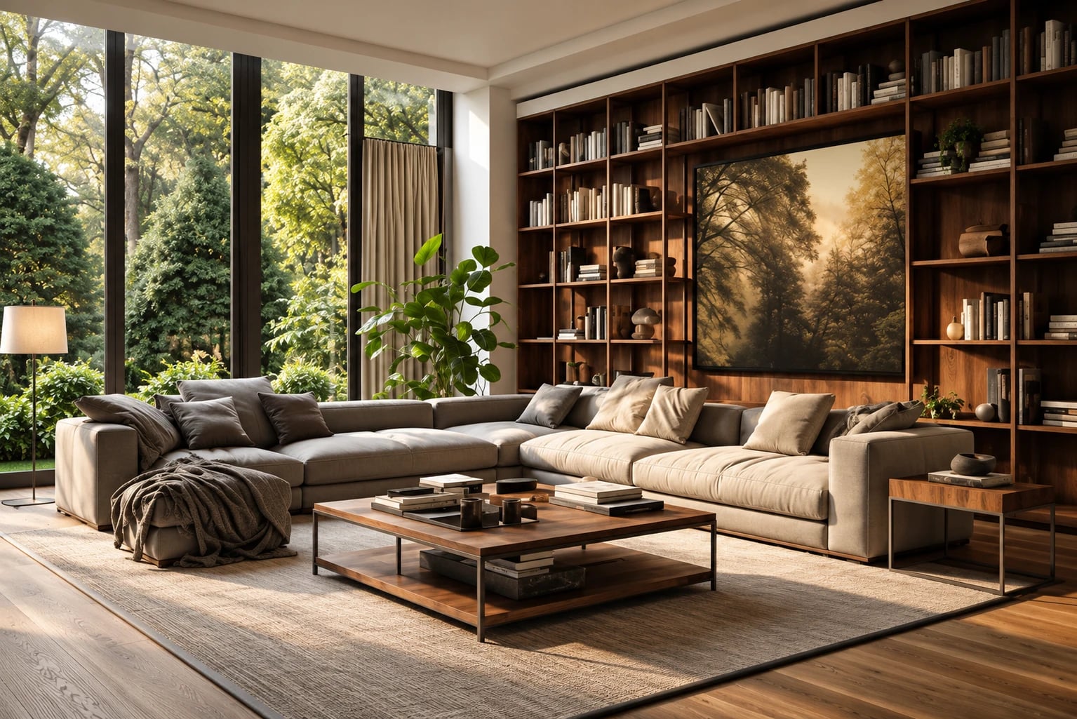 Soggiorno luminoso con divano angolare, libreria in legno a tutta parete e grandi vetrate sul giardino